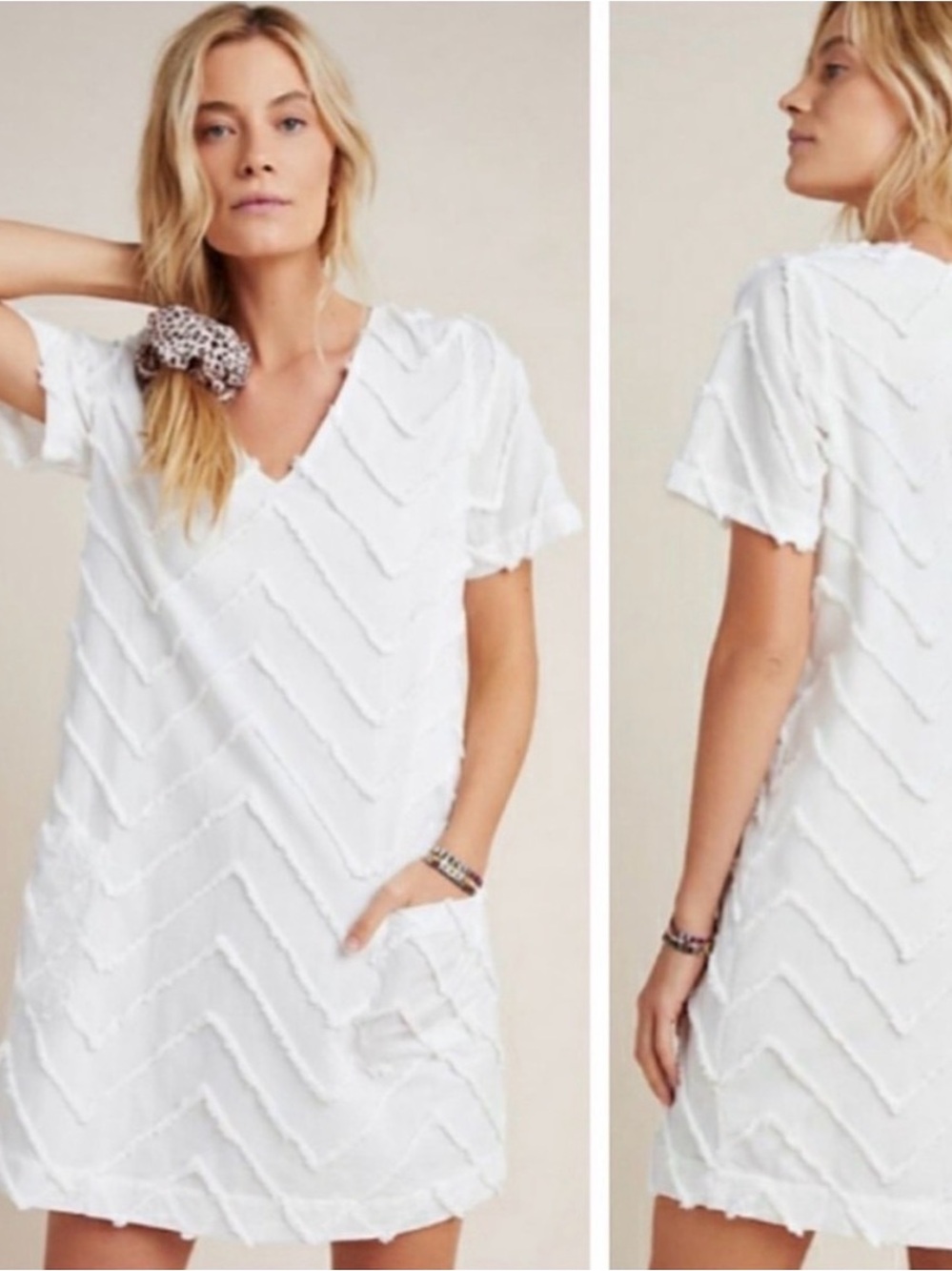 Women's Porridge x Anthropologie White Mini Dress with Textured Chevron Detail
